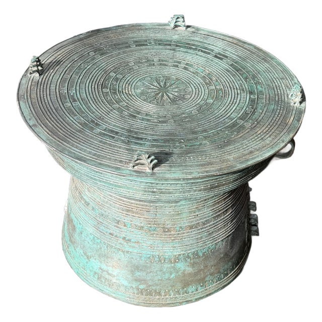 Patinated Bronze Drum Side Table — Sculptural Global Accent, Organic Modern Design For Sale