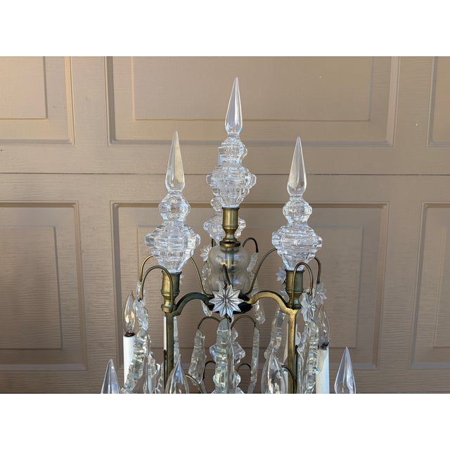 Early 20th Century French Brass & Crystal Six-Light Girandole Lamps - Pair For Sale - Image 9 of 17