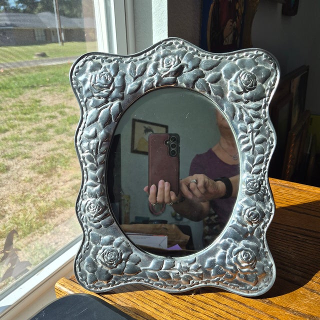 1990s Handcrafted Mexican Pewter Ornate Elegant Tabletop Mirror Folk Art 12x10" Roses For Sale - Image 10 of 16