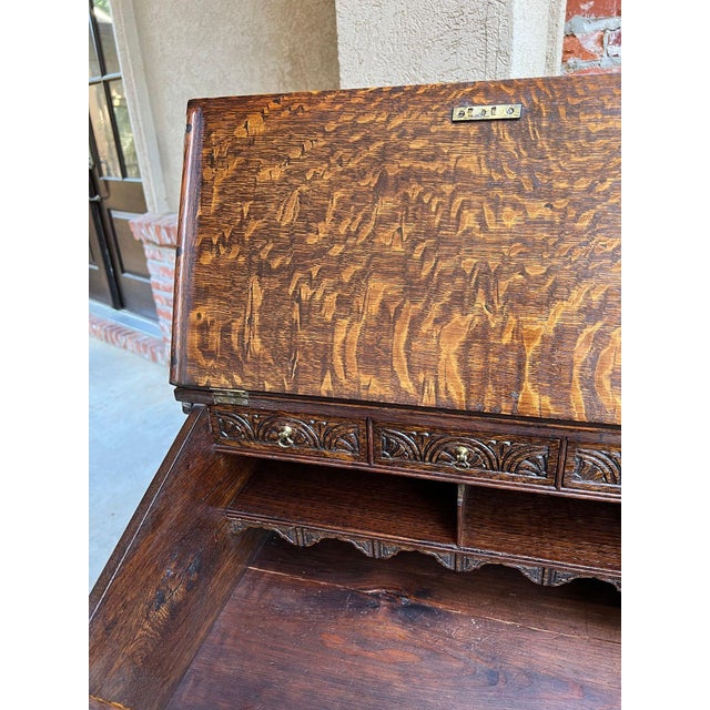 Antique English Slant Front Desk Display Stand Jacobean Carved Tiger Oak Lectern For Sale - Image 17 of 18