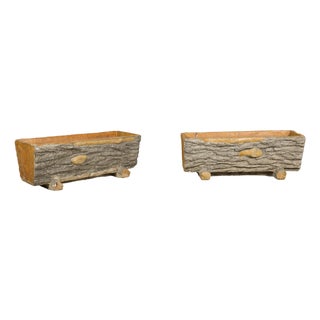 Rustic Pair of Faux Bois Midcentury Trough Shaped Concrete Planters, circa 1930 For Sale