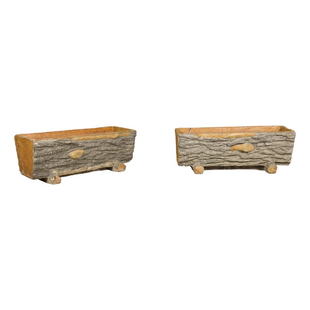 Rustic Pair of Faux Bois Midcentury Trough Shaped Concrete Planters, circa 1930 For Sale