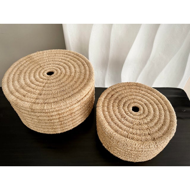 Set of 2 Round Woven Nesting Baskets Yvon Organic Modern Medium and Large Abaca Rope Box Set With Lids by Pigeon & Poodle Line by Made Goods For Sale - Image 11 of 12