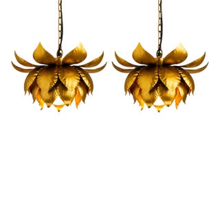 Vintage 1970's Italian Gilt Metal Lotus Flower Pendant/ Chandelier/ Ceiling Fixtures a - Pair For Sale