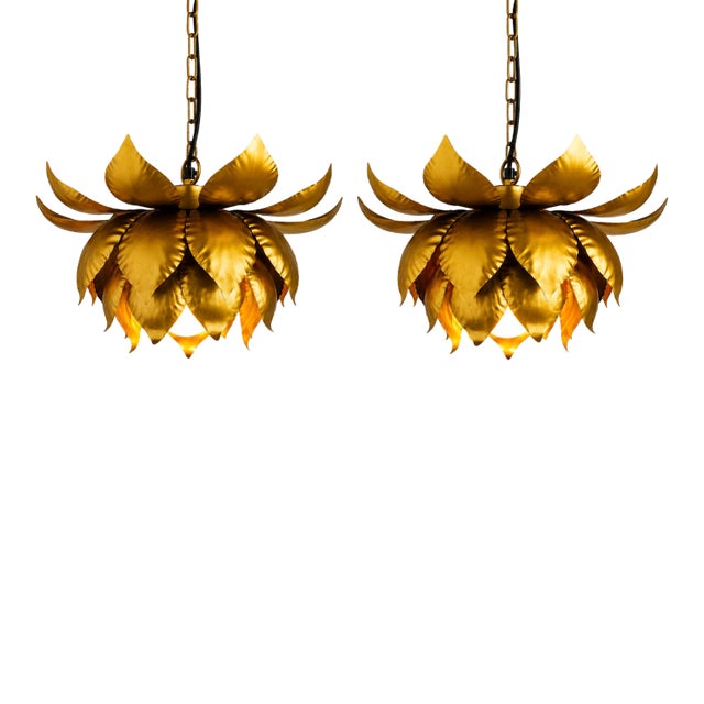 Vintage 1970's Italian Gilt Metal Lotus Flower Pendant/ Chandelier/ Ceiling Fixtures a - Pair For Sale