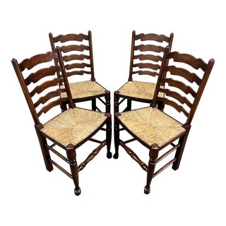 Vintage English Reproduction Ladderback + Rush Seat Dining Chairs, Set of Four For Sale