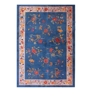 1920s Royal Blue Floral Antique Chinese Art Deco Rug 6'0" X 8'9" Knotted Wool Carpet For Sale