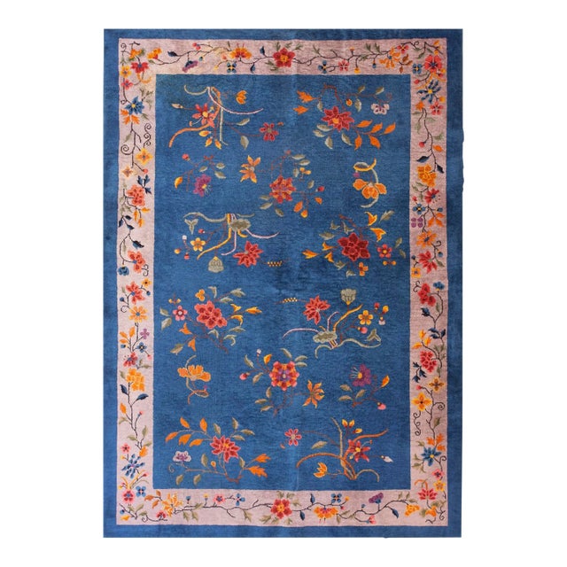 1920s Royal Blue Floral Antique Chinese Art Deco Rug 6'0" X 8'9" Knotted Wool Carpet For Sale