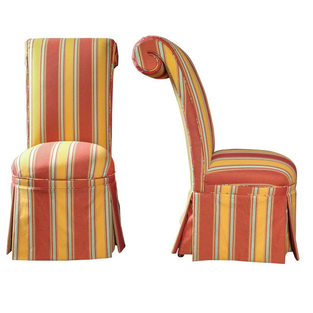 High, curled back French Napoleon III chairs newly upholstered Cowtan and Tout cotton stripe.