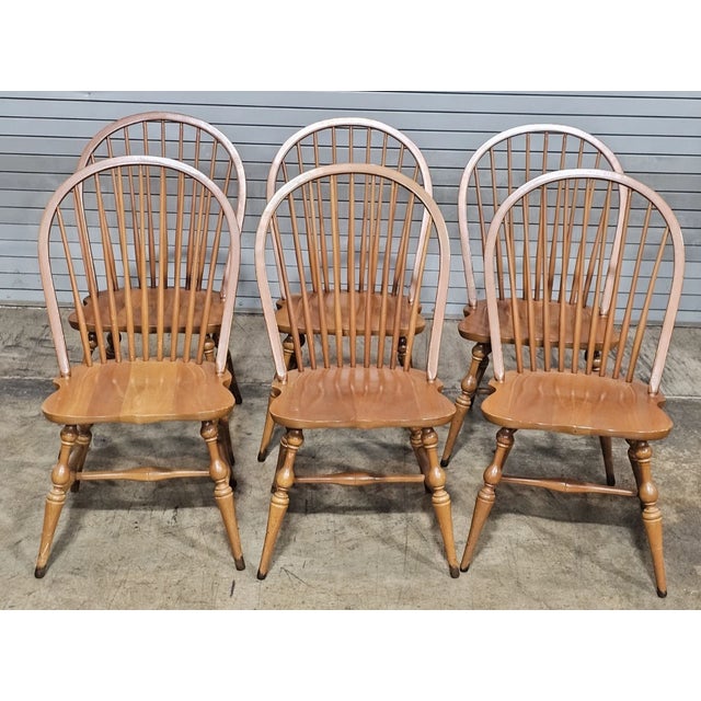 Set of 6 Mid 20th Century Sold Maple Bow Back Windsor Chairs For Sale - Image 4 of 12