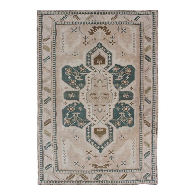 Vintage Turkish Oushak Rug Featuring Soft Ivory Field With Green 4'9 X 7'2 For Sale