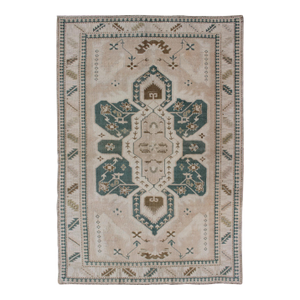 Vintage Turkish Oushak Rug Featuring Soft Ivory Field With Green 4'9 X 7'2