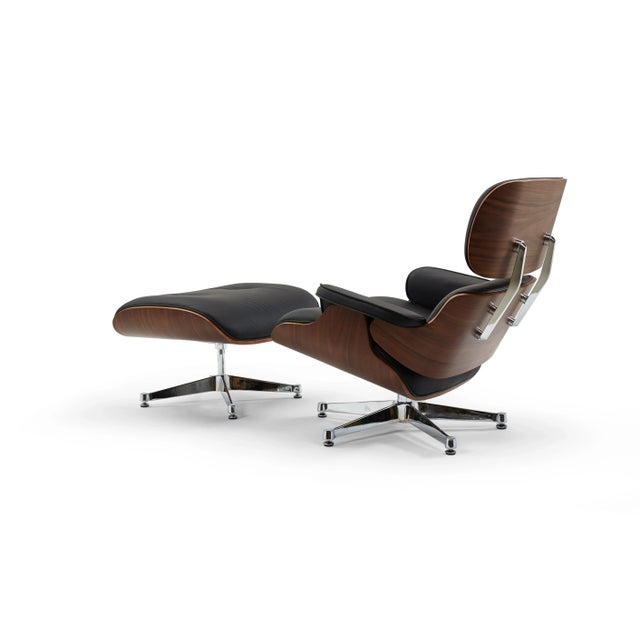 Contemporary Pasargad Home Portfino Black Leather Lounge Chair With Ottoman For Sale - Image 3 of 11