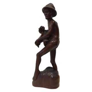 Rosewood Hand Carved 22" Asian Fisherman Statue For Sale