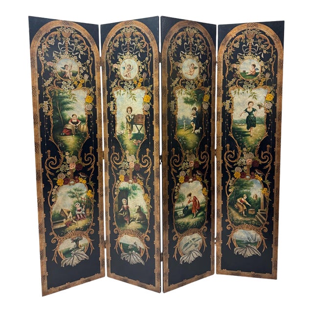 Late 20th Century Ornate Four-Panel Folding Room Divider For Sale