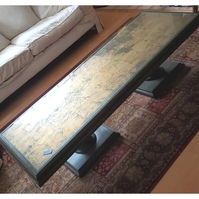 Wood Long Rectangular Olive Green With Parcel Guilt Highlights on Two Sphere Pedestal Legs For Sale - Image 7 of 12