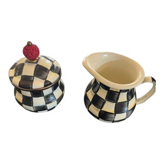 MacKenzie-Childs Courtly Check Enamel Sugar Bowl and Creamer For Sale