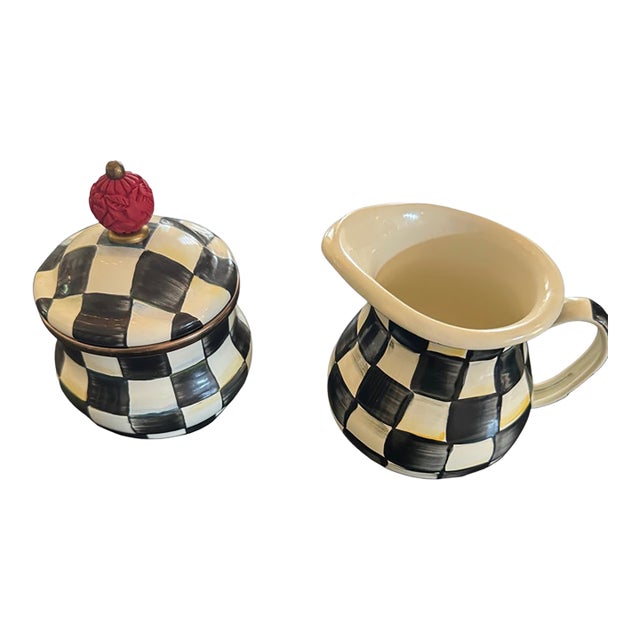 MacKenzie-Childs Courtly Check Enamel Sugar Bowl and Creamer For Sale