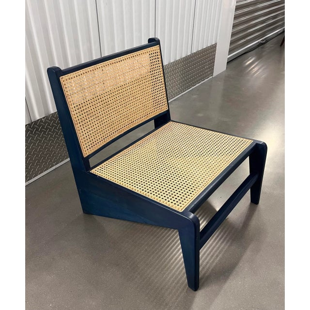 Pair of Mid Century Modern Blue Caned Z Chairs in the Style of Pierre Jeanneret For Sale - Image 10 of 13