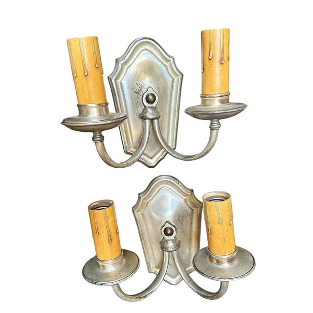 Traditional Pair Brass With Silver Plate Finish Wall Sconces, Circa 1920 For Sale - Image 3 of 8