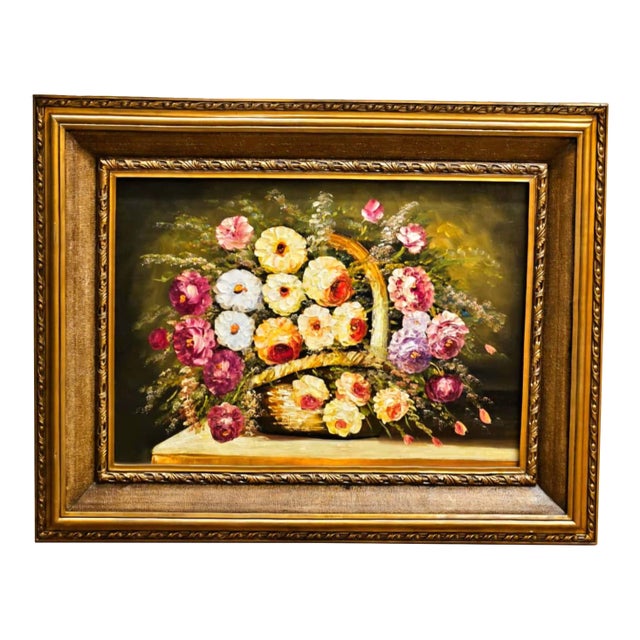 Floral Still Life Artwork on Cotton Fabric – Elegant Bouquet in Vase For Sale