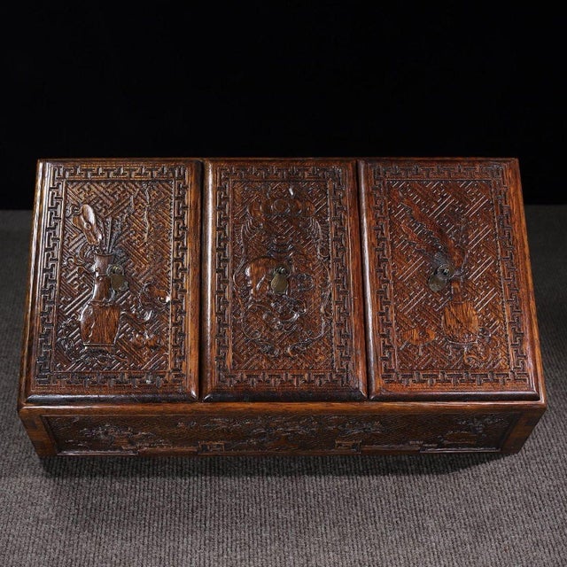 Vintage Chinese Huali Rosewood Carved "Antiques" Triple-Lidded Box Set For Sale - Image 4 of 10