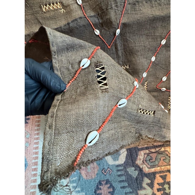 Vintage African Kuba Mud Cloth With Cowrie Shells and Orange Seed Beads in a Geometric Design For Sale - Image 4 of 14