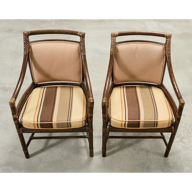 Coffee Set of Four McGuire Rattan Target Upholstered Dining Armchairs For Sale - Image 8 of 18