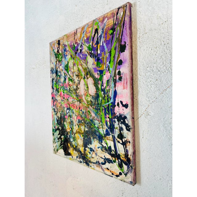 Colorful abstract, this painting is signed on the back. It appears to be acrylic on canvas