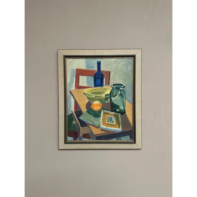 Original Vintage Scandinavian Oil on Canvas – “Opstilling (Still Life with Blue Bottle)” by Eli Rasmussen – Signed & Dated...