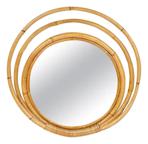 Mid-Century Italian Three Level Round Bamboo & Rattan Wall Mirror, 1960s
