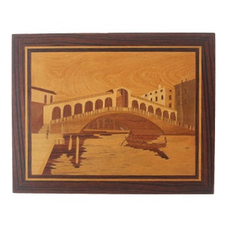 1970s Vintage Mid Century Sorrento Italy Inlay Picture Marquetry River Bridge Scene For Sale