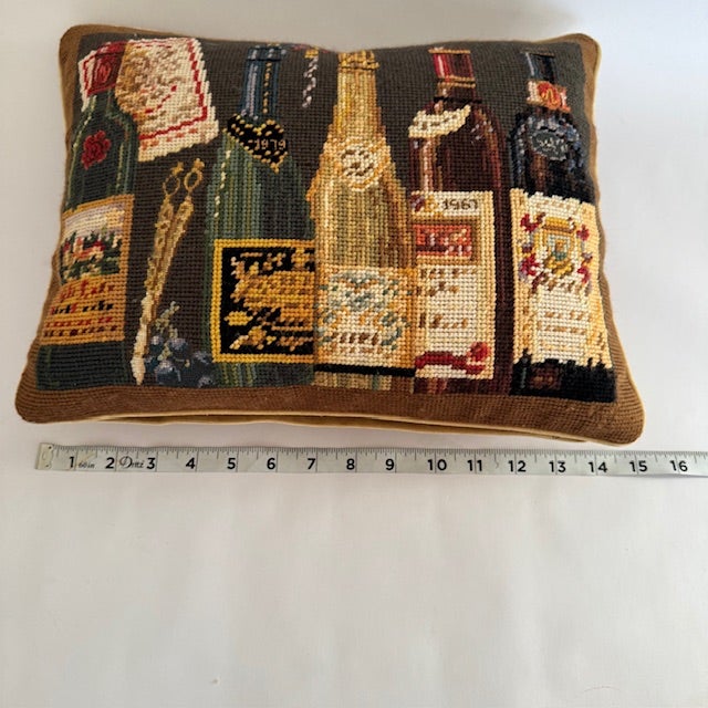 Chelsea Textiles Wine Bottle Needlepoint Pillow – 100% Wool, Down Insert, English Estate Style For Sale - Image 13 of 14
