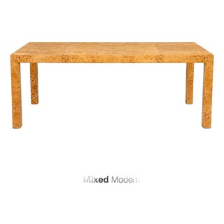 Refinished Milo Baughman Square to Rectangle 40” - 79” Parsons Burl Dining Table For Sale