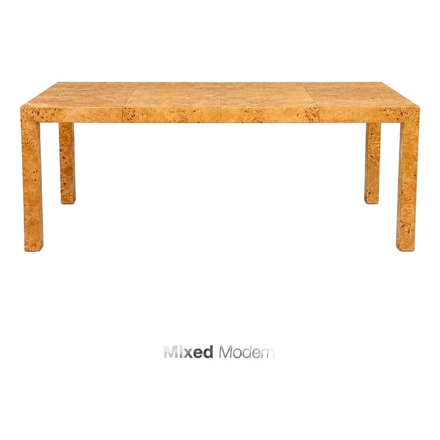Refinished Milo Baughman Square to Rectangle 40” - 79” Parsons Burl Dining Table For Sale