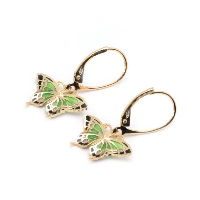 Contemporary Enamel Butterfly 14k Yellow Gold Dangle Earrings For Sale - Image 3 of 4