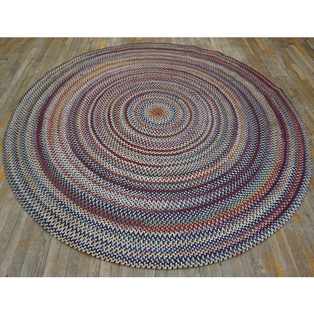 Cute Multi Color Background Wtih Folk Art Styles Round Antique American Braided Rug For Sale - Image 12 of 12