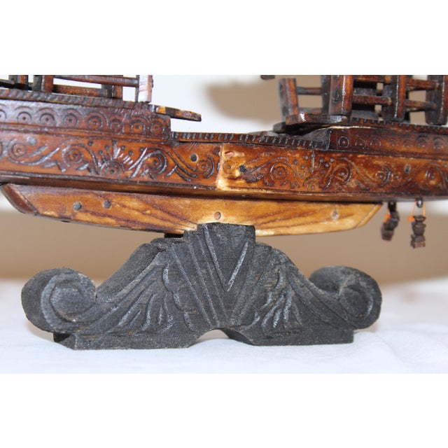 Antique Early 1900s Chinese Dragon Boat Figurine With Pagoda Detail and Bone Inlay For Sale - Image 15 of 16