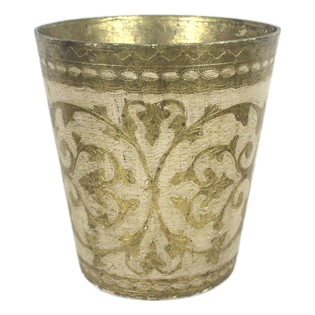 Vintage Italian Florentine Gilded Gilt Wood Waste Basket Gold Antique White For Sale