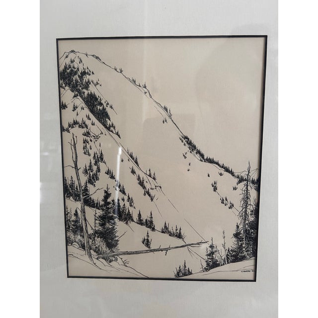 Mid-Century Modern Mid Century Black and White Landscape Sketch Art. Signed Original. For Sale - Image 3 of 5