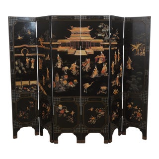 Chinese Lacquer Ebonized 6 Panel Screen Divider For Sale