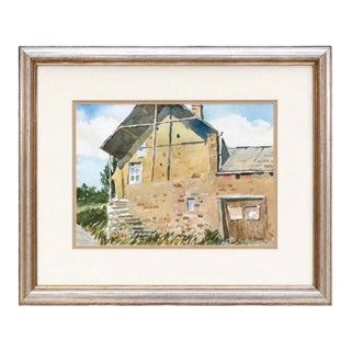 Original Watercolor Rustic Farmhouse Painting Signed J. Evans Vintage Framed For Sale