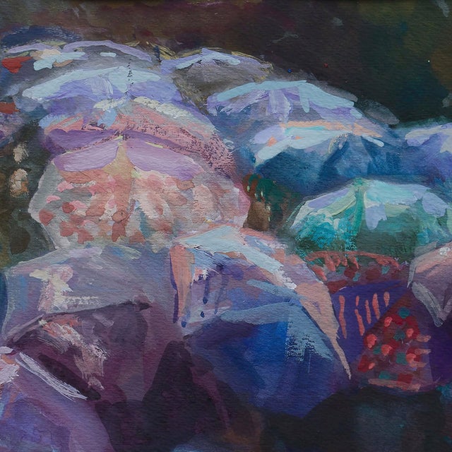 Brussels Excursion, ca. 2011 by Naum Katsenelson | Watercolor on paper People with umbrellas in a city setting. For Sale - Image 4 of 5