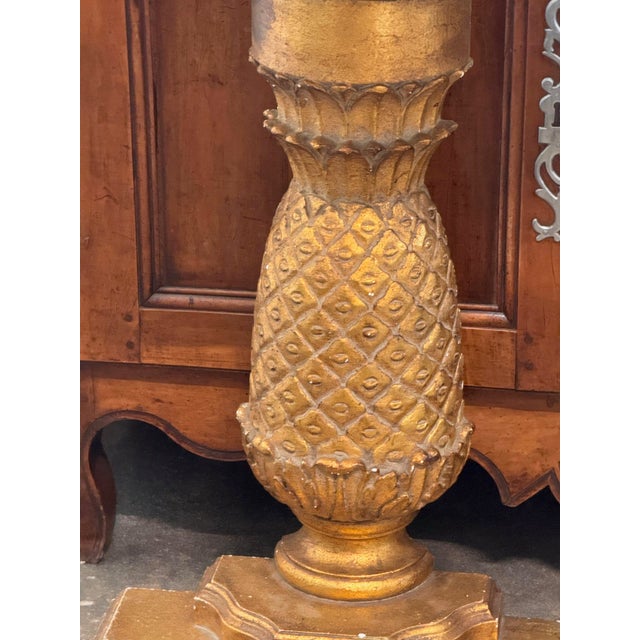 Wood Pair of Carved Giltwood Pineapple Consoles With Marble Tops For Sale - Image 7 of 16
