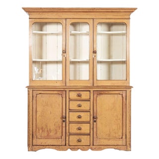 Large 19th Century Painted English Pine Glazed Dresser, 1880s For Sale