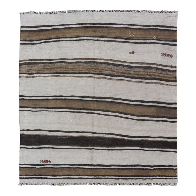 Vintage Turkish Kilim Rug With Ivory, Brown and Dark Stripe Bands For Sale