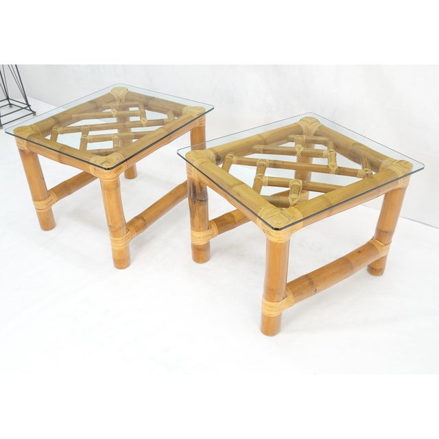Pair Thick Bamboo Glass Top Rectangle Glass Top End Side Lamp Tables MINT For Sale - Image 6 of 18