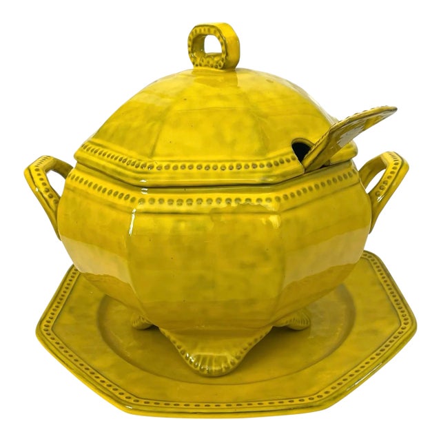 Vintage Italian Handmade Ceramic Serving Bowl Soup Tureen, Ladle, Plate. Signed For Sale