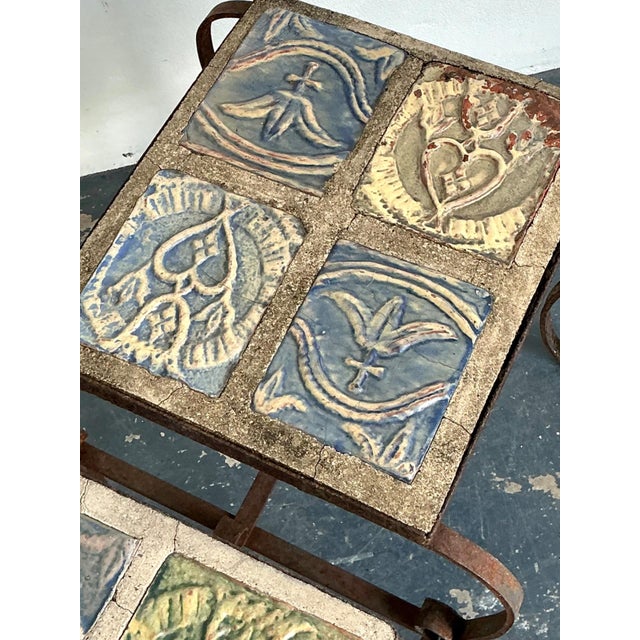 Mid 20th Century Vintage Italian Distressed Wrought Iron and Ceramic Tile Tables For Sale - Image 5 of 18