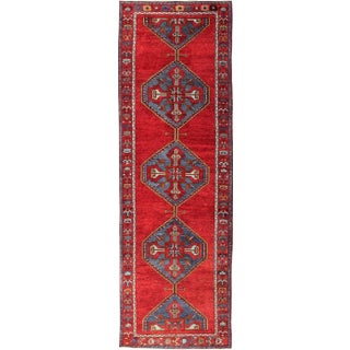 Colorful Turkish Wide Runner in Rich Red and Steel Blue 3'10 X 12'7 For Sale